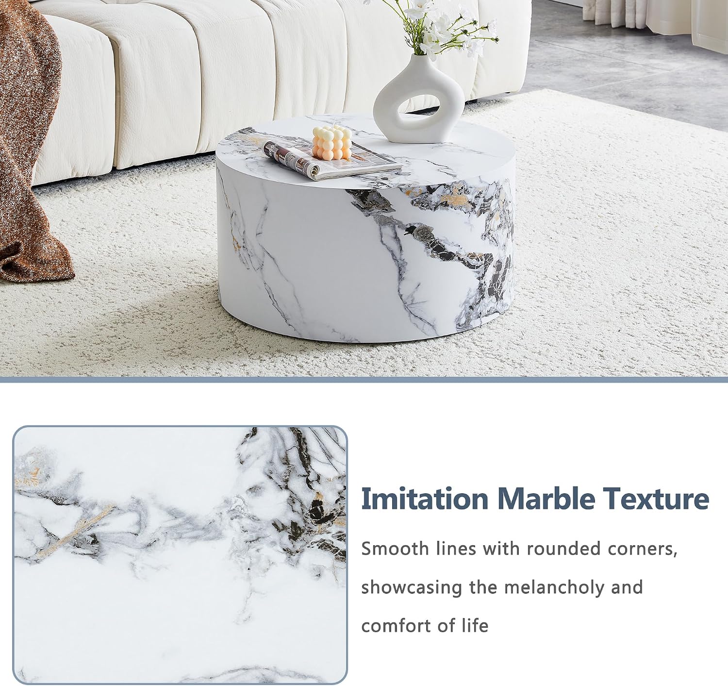 23.6' White Marble Small Coffee Table for Living Room Round Faux Marble Center Table Modern Drum-Shape Wooden Cocktail Table for Home Office - Fully Assembled