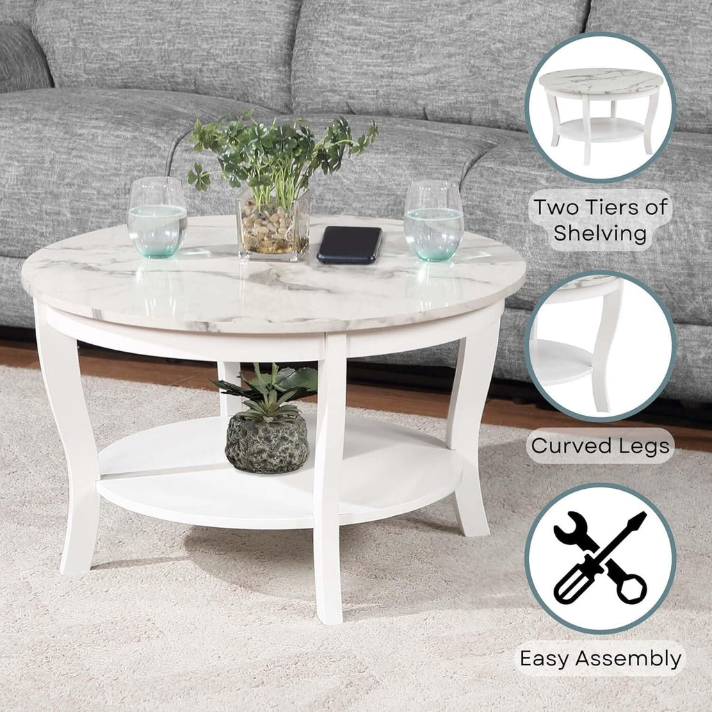 HomeStock Global Greatness Round Coffee Table with Shelf, Wood Finish, Classic Transitional Style Table, Two Tier Spacious Shelving, 30.00 x 30.00 x 18.00 Inch White Faux Marble