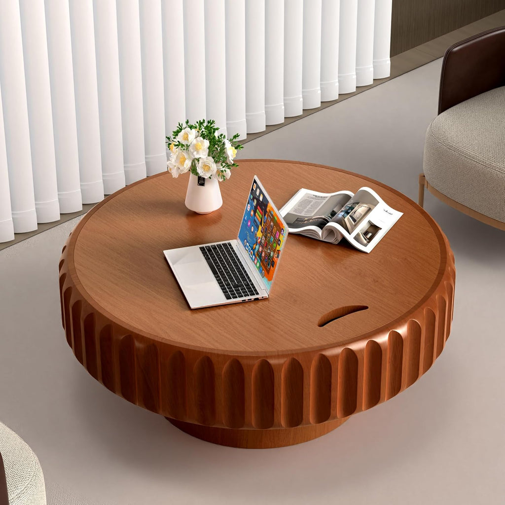 31.5' Round Drum Coffee Table with Storage Rustic Chic Fluted Center Table - Handcraft Solid Wood Veneer Edge for Living Room Farmhouse (A 31.5in)