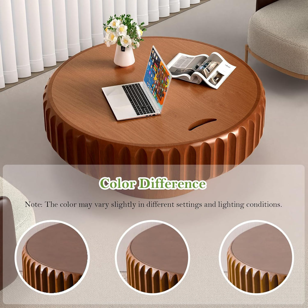 31.5' Round Drum Coffee Table with Storage Rustic Chic Fluted Center Table - Handcraft Solid Wood Veneer Edge for Living Room Farmhouse (A 31.5in)