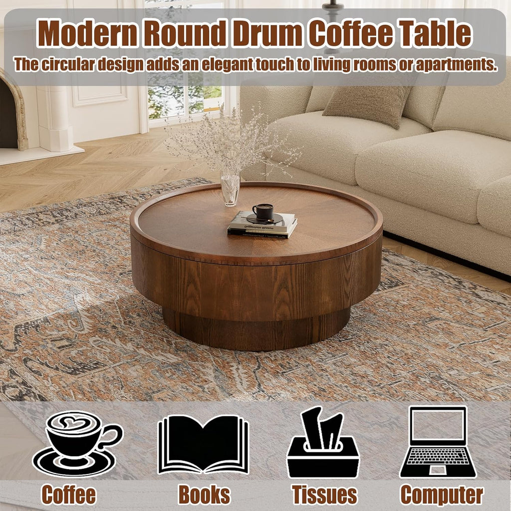 30.7'' Round Storage Coffee Table, Modern Drum Coffee Tables with Solid Wood Veneer, Wooden Circle Center Table for Living Room, Small Spaces, and Apartments, Easy Assembly