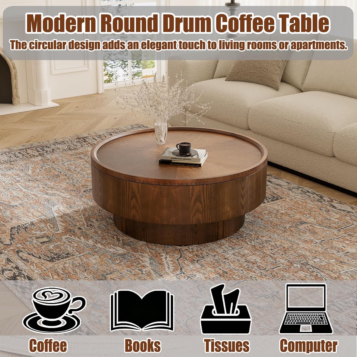 30.7'' Round Storage Coffee Table, Modern Drum Coffee Tables with Solid Wood Veneer, Wooden Circle Center Table for Living Room, Small Spaces, and Apartments, Easy Assembly