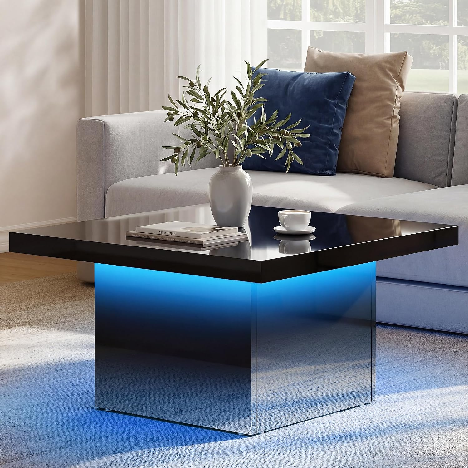YITAHOME Square Coffee Table, Coffee Tables for Living Room with LED Lights, Modern Cocktail Coffee Table for Decor, Black