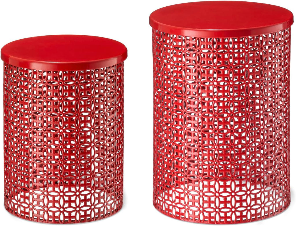 Glitzhome Accent Tables Living Room Set of 2, Round Metal Side End Table, Small Circle Coffee Bedside Table, Planter Stand for Couch Nightstand Bedroom Patio Backyard, Glossy Red