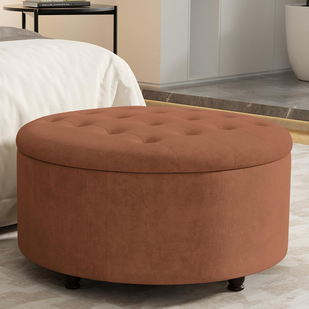 30 Inch Round Storage Ottoman,Modern Tufted Ottomans,Upholstered Large Ottoman with Storage with Removable Top Footrest Stool for Bedroom Living Room (Orange)