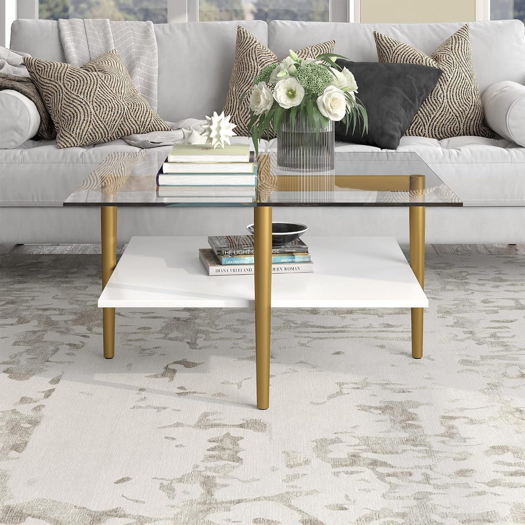 Otto 32' Wide Square Coffee Table with White Lacquer Shelf in Brass
