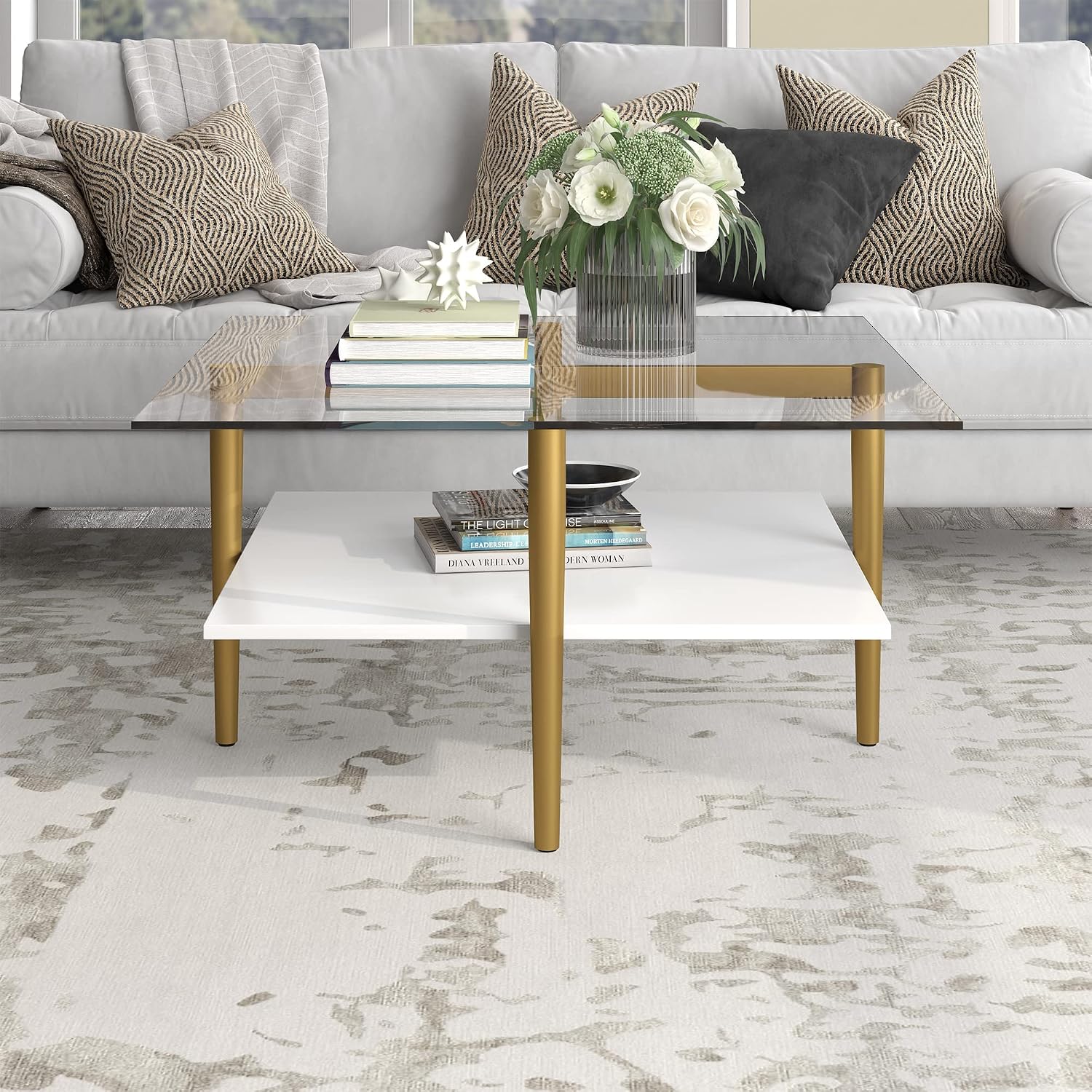 Otto 32' Wide Square Coffee Table with White Lacquer Shelf in Brass