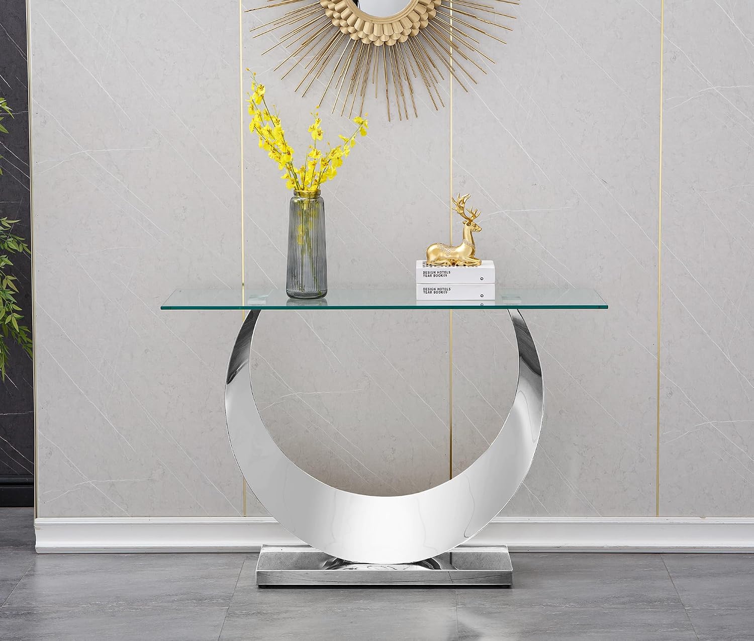 2 Pieces Living Room Table Set, Glass Coffee Table Set of 2, Modern Coffee Table and Console Table with U-Shaped Stainless Steel Base for Living Room (Silver)