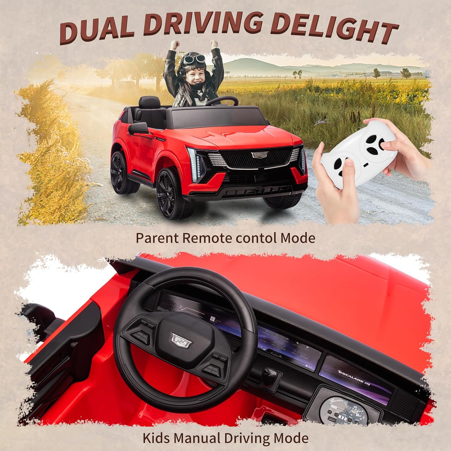 24V Ride On Car, Licensed Cadillac Battery Powered Electric Vehicle w/Remote Control, 2 Seater, 4-Wheel Shock Absorbers, Smooth Start, Music, LED Lights for Boys Girls