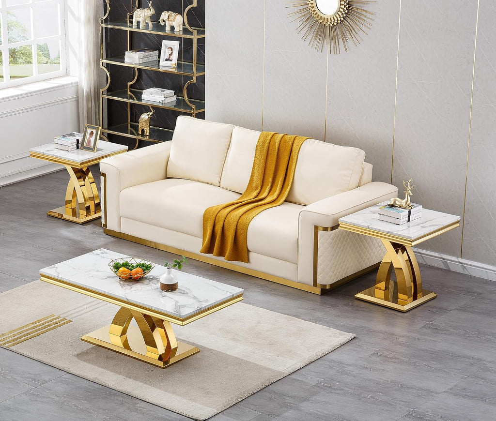 Modern White Gold Coffee Table Set of 3 Faux Marble Coffee Table and End Side Table Set, Luxury 3 Pieces Living Room Table Set with X-Shape Stainless Steel Base for Home Office