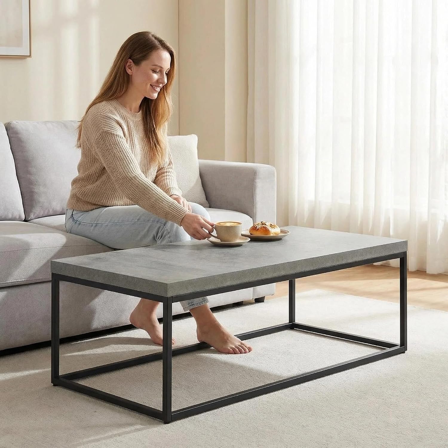 CENSI 47-Inch Large Grey Marble Accent Coffee Table/Center Table for Living Room, Rectangle Modern Industrial Style,Wood and Metal, Max.Loading 220 lbs. (Concrete)
