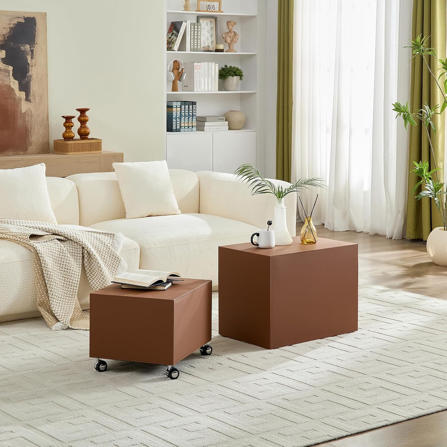 23.62' Modern Leather Coffee Table Set, Minimalist Center Table with Wheels, Wooden Coffee Table Sets for Living Room, Apartment, Office, Bedroom, Brown