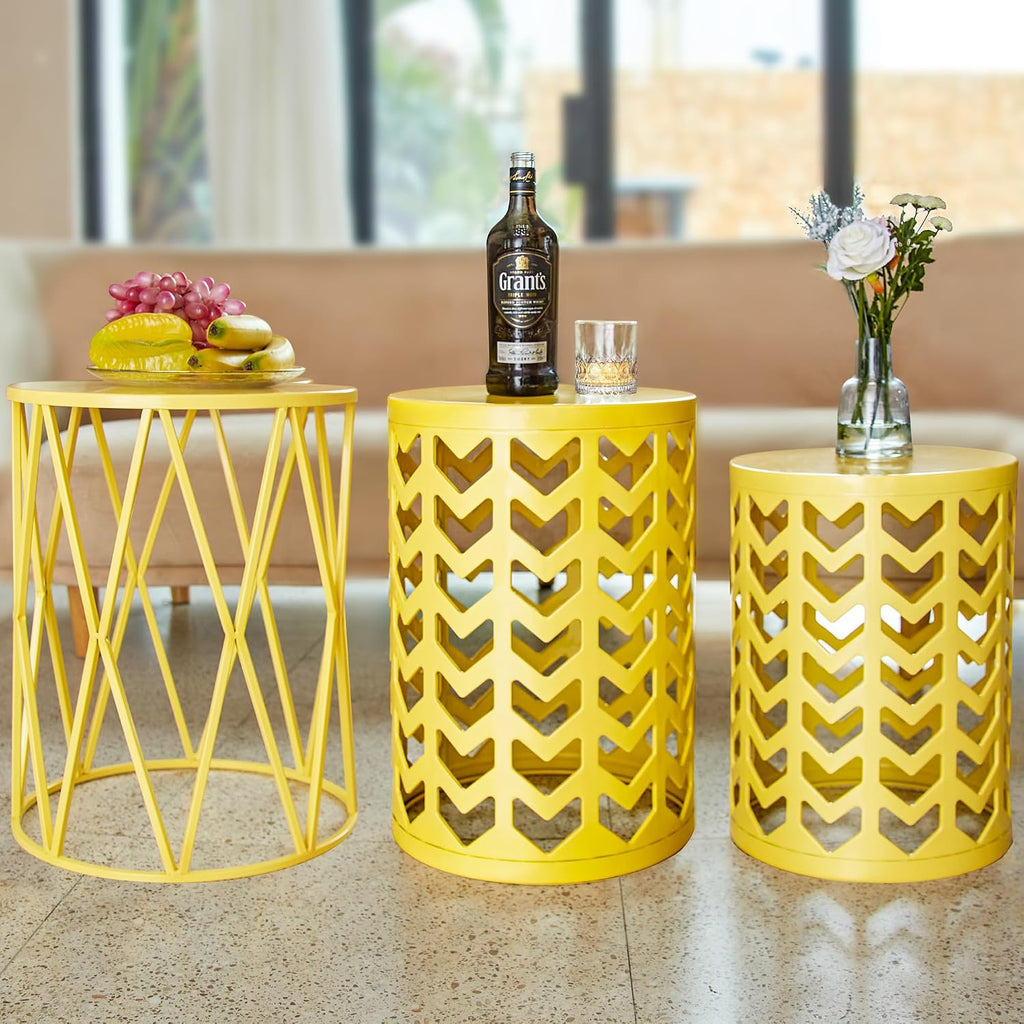 Nesting Side Table Set of 3 Decorative Round Garden Stools for Indoor Outdoor Heavy Duty Metal Frame Side Table Nightstands Modern End Table Plant Stand, Yellow