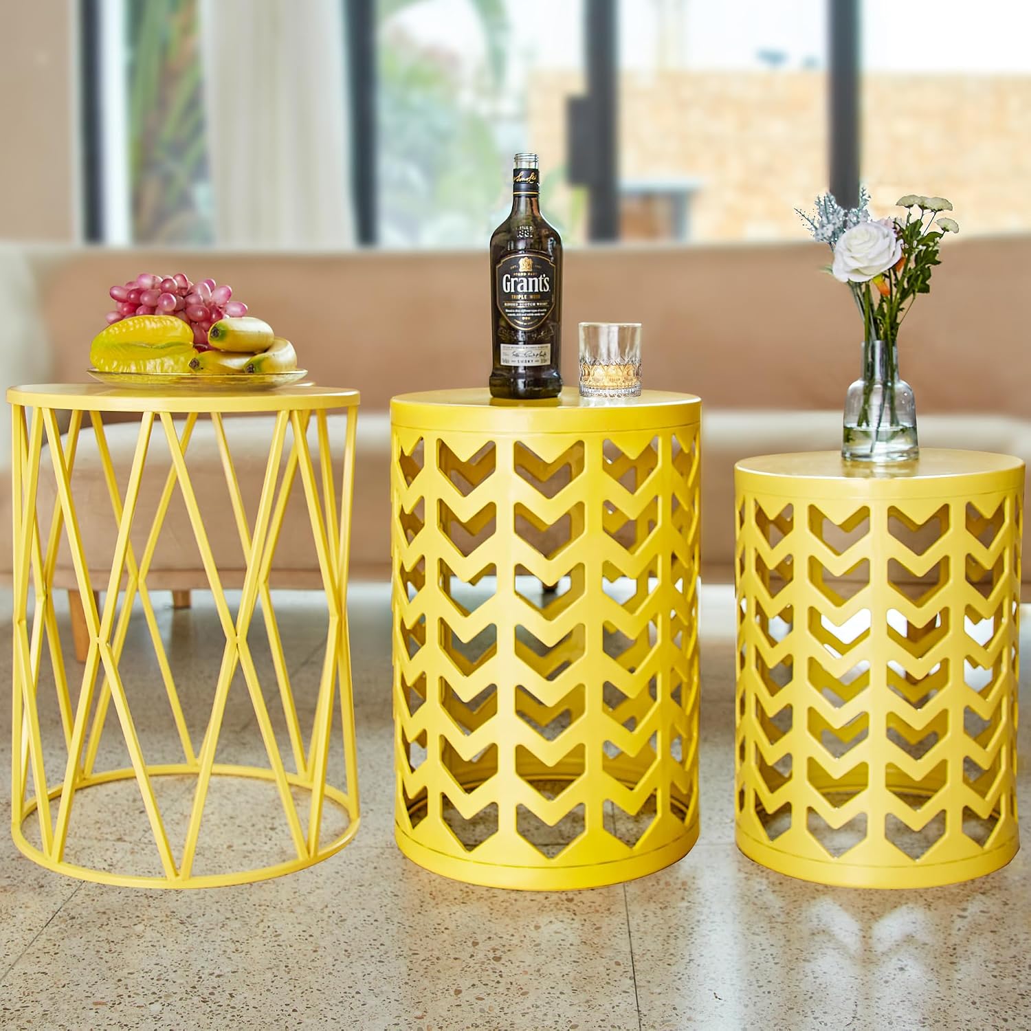 Nesting Side Table Set of 3 Decorative Round Garden Stools for Indoor Outdoor Heavy Duty Metal Frame Side Table Nightstands Modern End Table Plant Stand, Yellow