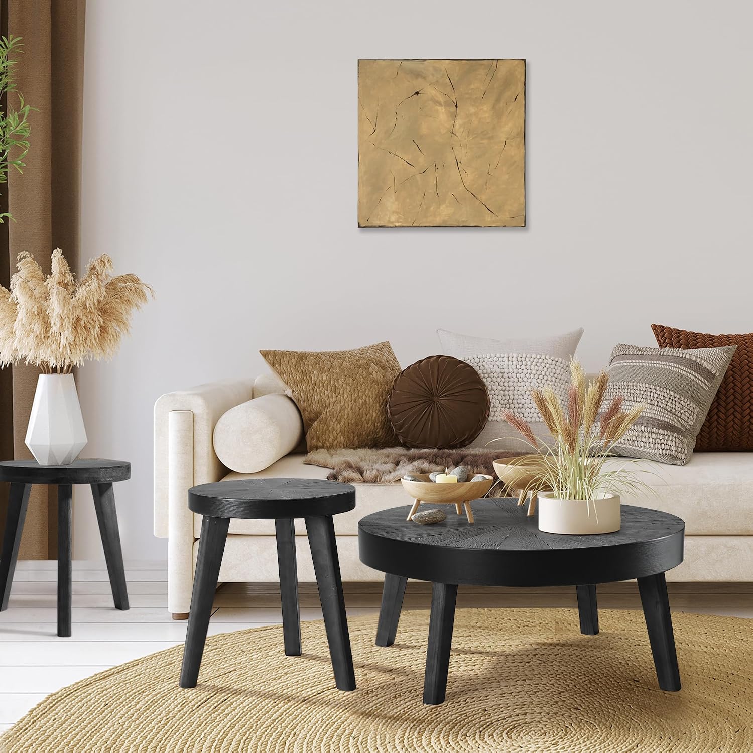 HOKYHOKY Farmhouse Round Coffee Table Set of 3, Black Sofa Side Nesting Tables End Table Set with Wood Natural Finish for Living Room, Bedroom, Home Office, Conference