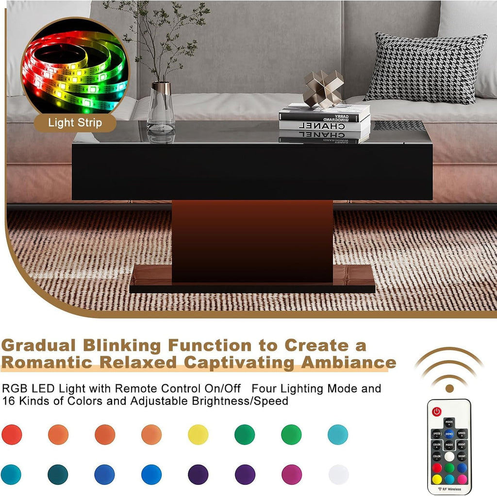 HedoAjim Led Coffee Table for Living Room, Living Room Table Rectangular Center Table, Modern High Glossy Wooden Coffee Tables with 16 Colors LED Lights for Dining Reception Room, Black