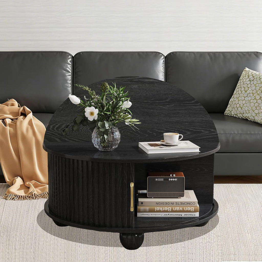 Round Coffee Table with Storage, Fluted Center Table with Sliding Tambour Door and Open Shelves, Mid Century Small Coffee Table for Living Room, Small Space, Black