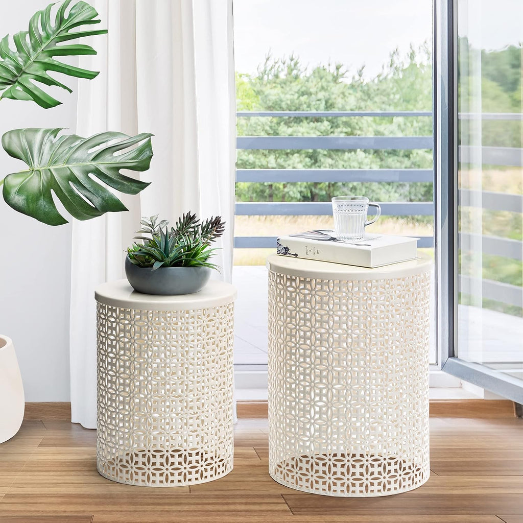 Glitzhome Accent Tables Living Room Set of 2, Round Metal End Side Table, Small Circle Coffee Bedside Table, Planter Stand for Couch Bedroom Nightstand, Cream White