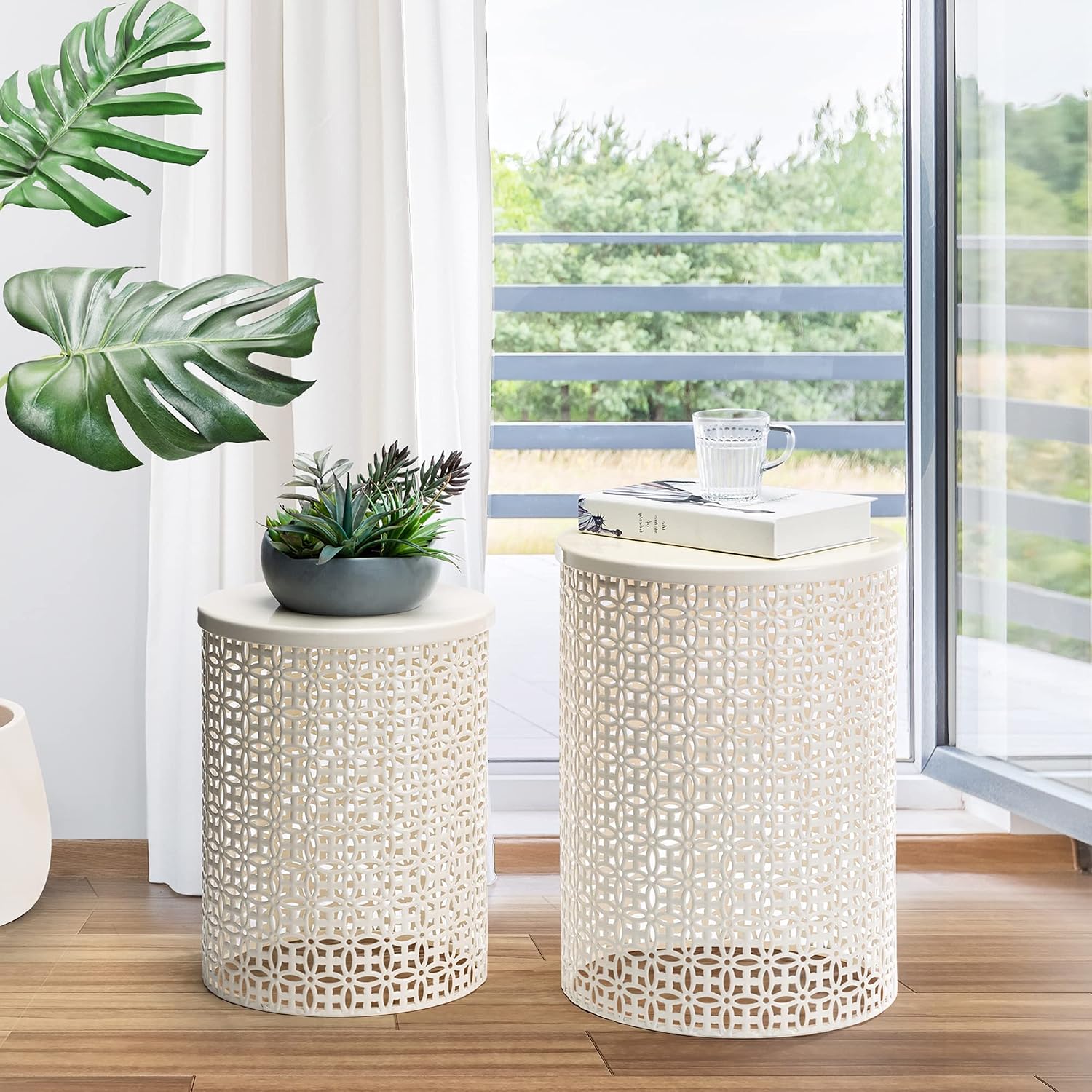 Glitzhome Accent Tables Living Room Set of 2, Round Metal End Side Table, Small Circle Coffee Bedside Table, Planter Stand for Couch Bedroom Nightstand, Cream White