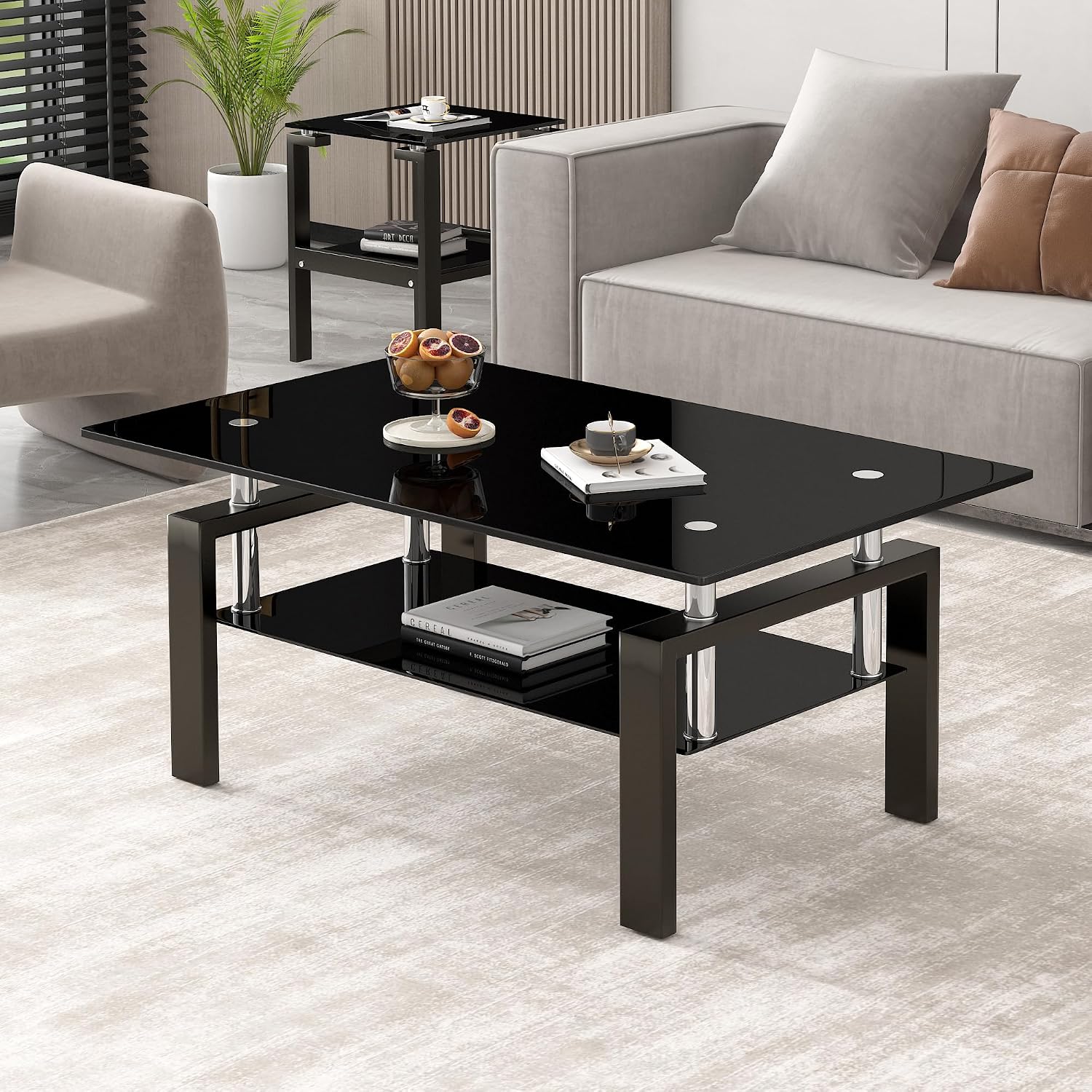 Glass Coffee Table Sets of 3 for Living Room, Mordern End Table Sofa Side Tables with Storage, Black Metal Leg, Rectangle Tempered Center Table Home Furniture Set (All Black)