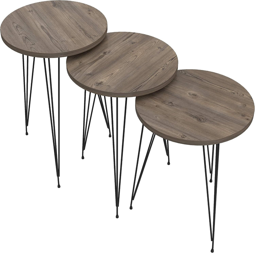 Set of 3 Pine Wood Grey Nesting End Tables Round Wood Stacking Coffee Side Accent Table with Metal Legs for Living Room, Home Office, Nightstands for Bedroom
