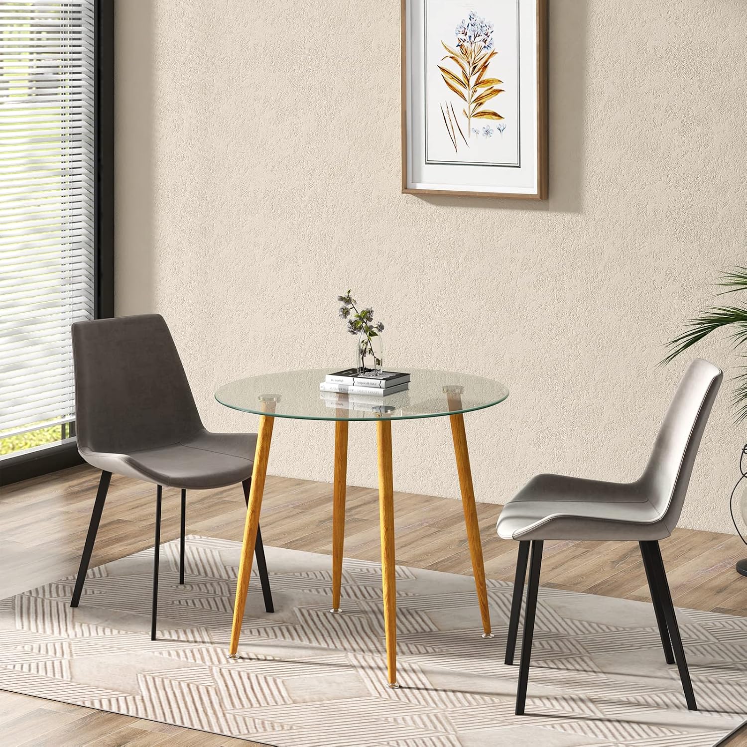 Giantex Round Glass Dining Table, 35.5' D x 30' H Kitchen Dinner Table w/Tempered Glass Tabletop & Metal Legs, Circle Leisure Coffee Table for Dining Room & Living Room, Clear & Natural, 2 Pack