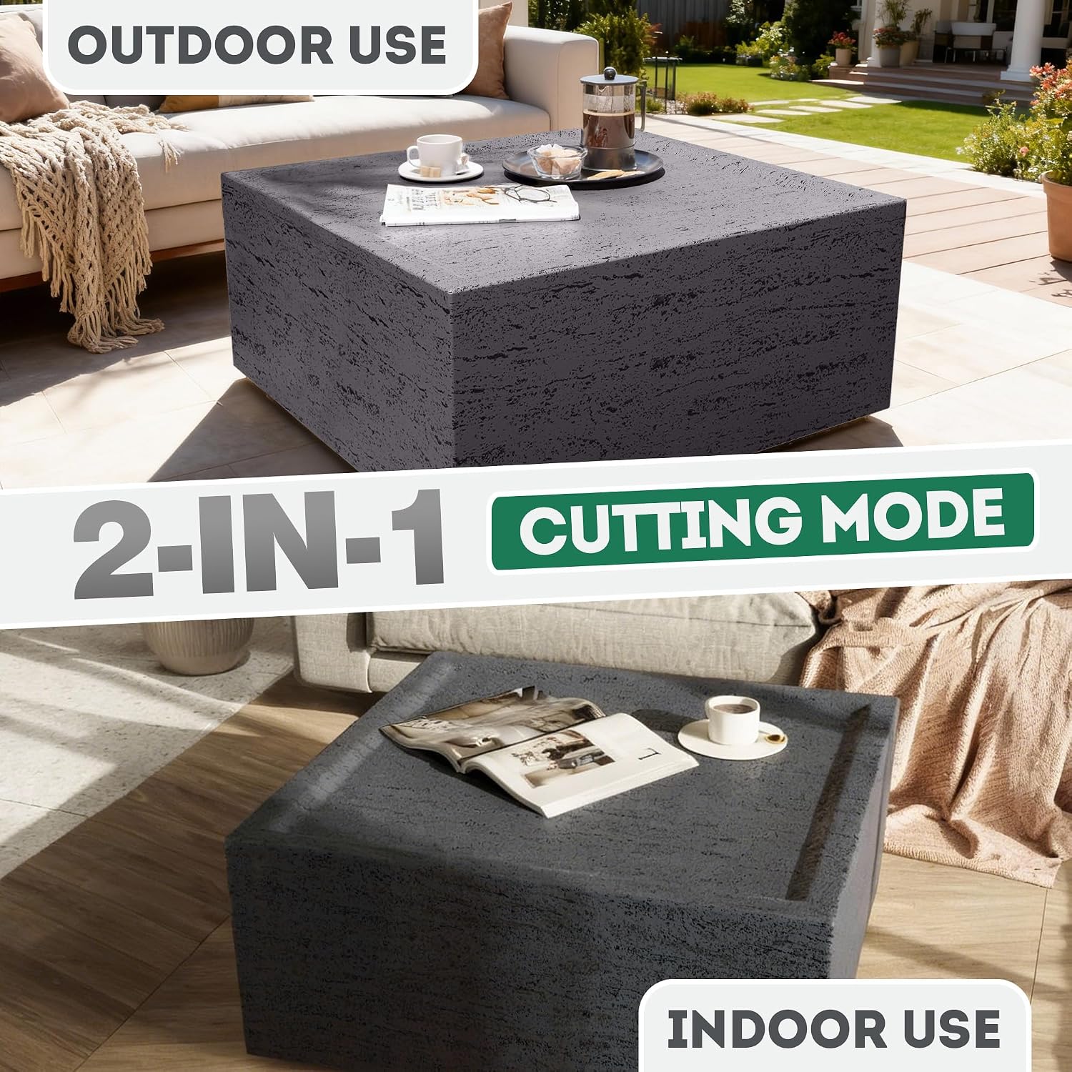 Patio Watcher 28' Modern Square Coffee Table, Light Concrete Textured Center Table for Living Room, Stone Accent Coffee Tea Table for Apartment, 28'×28'×13', No Assembly, Dark Gray