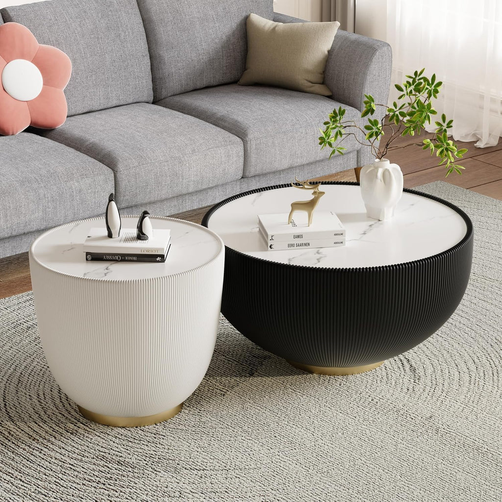 Round Coffee Table Set of 2, Sintered Stone Black Coffee Table with White End Table, Nesting Tables for Living Room, Accent Side Table for Apartment Home Office, No Need Assembly