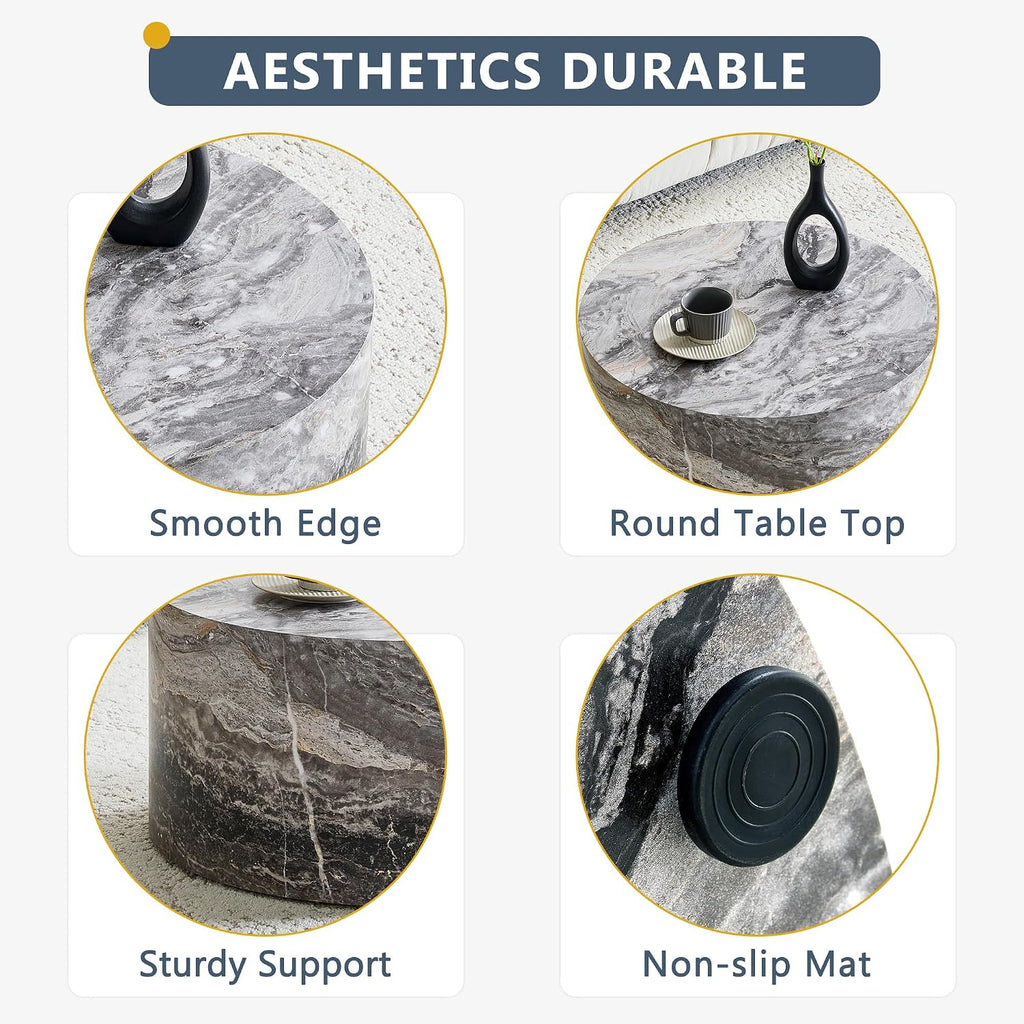 23.6' Grey Marble Small Coffee Table for Living Room Round Faux Marble Center Table Modern Drum-Shape Wooden Cocktail Table for Home Office - Fully Assembled
