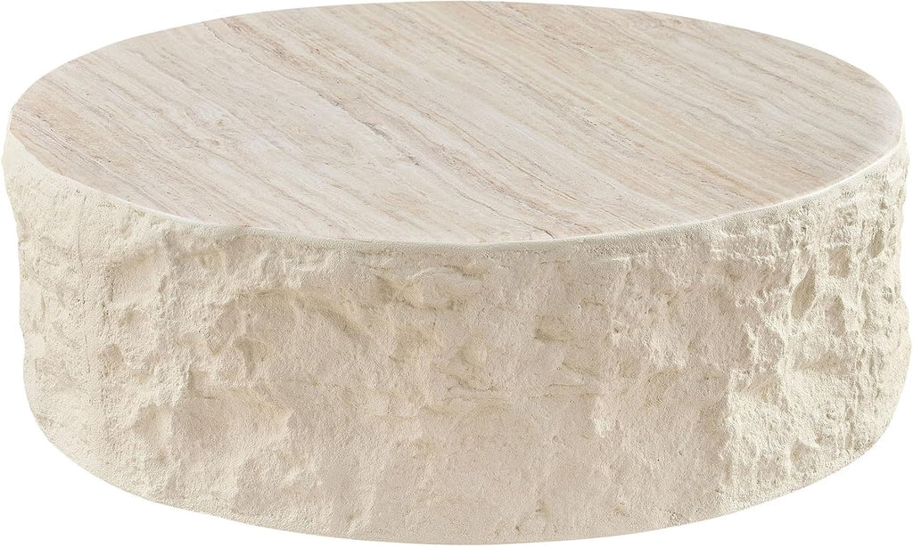 Faux Rock Coffee Table with Round White Design,Drum Coffee Table Fiberglass Circle Tea Table for Living Room Accent Central Table No Need Assembly