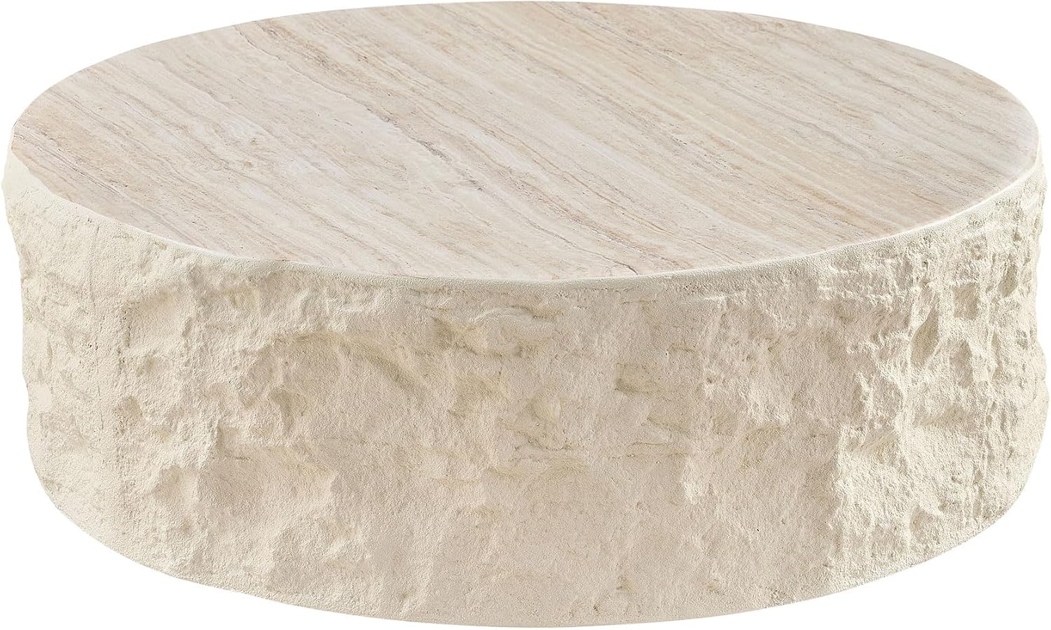 Faux Rock Coffee Table with Round White Design,Drum Coffee Table Fiberglass Circle Tea Table for Living Room Accent Central Table No Need Assembly