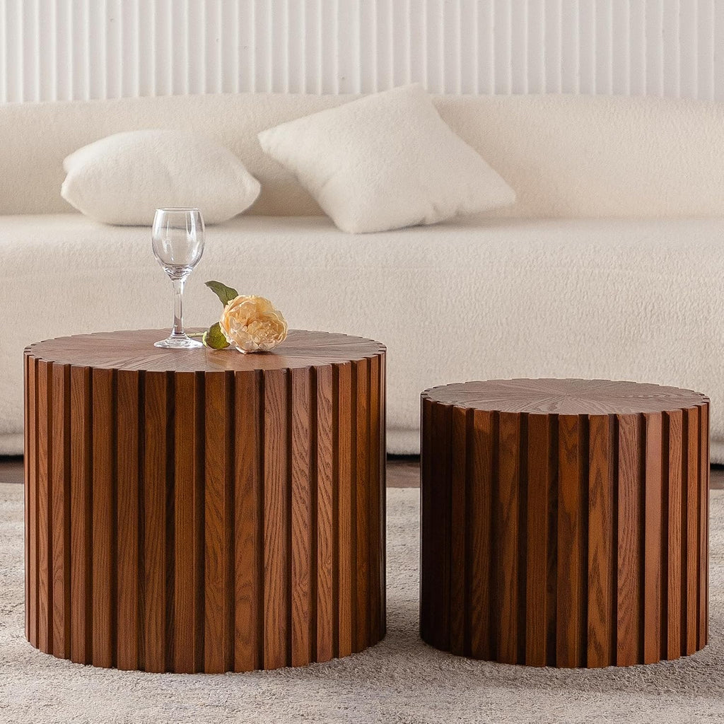 KEVINSPACE Nesting Coffee Table Set of 2 Circle CoffeeTable Modern NestingTables for Living Room Round Fluted Wooden CoffeeTabl No Need Assembly for Bedroom Balcony Lounge 33.86' Walnut