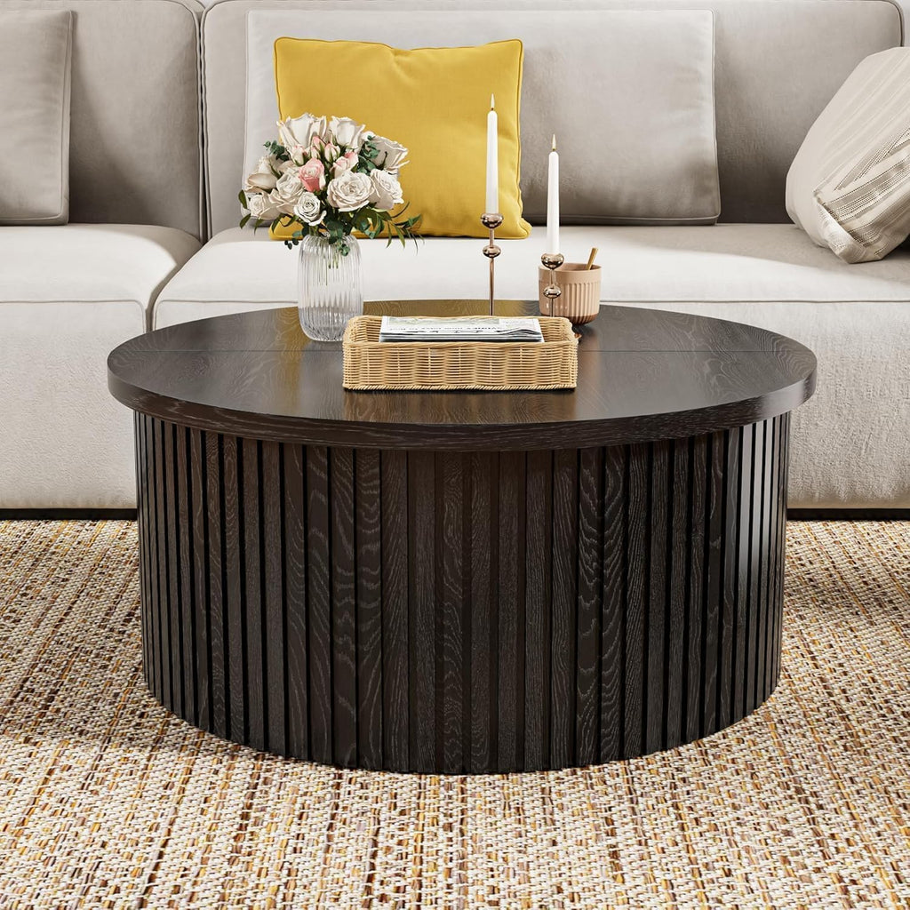Fsbecl Round Lift Top Coffee Table with Storage, 31.6'' Modern Coffee Tables for Living Room, Fluted Wood Center Table for Office, Small Space (Black)