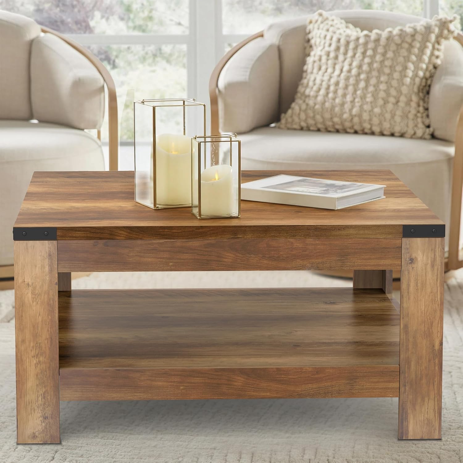 Farmhouse Coffee Table, Modern Rustic Wooden Center Table with Storage, Living Room Tables, 2-Tier Industrial Cocktail Tea Table for Living Room