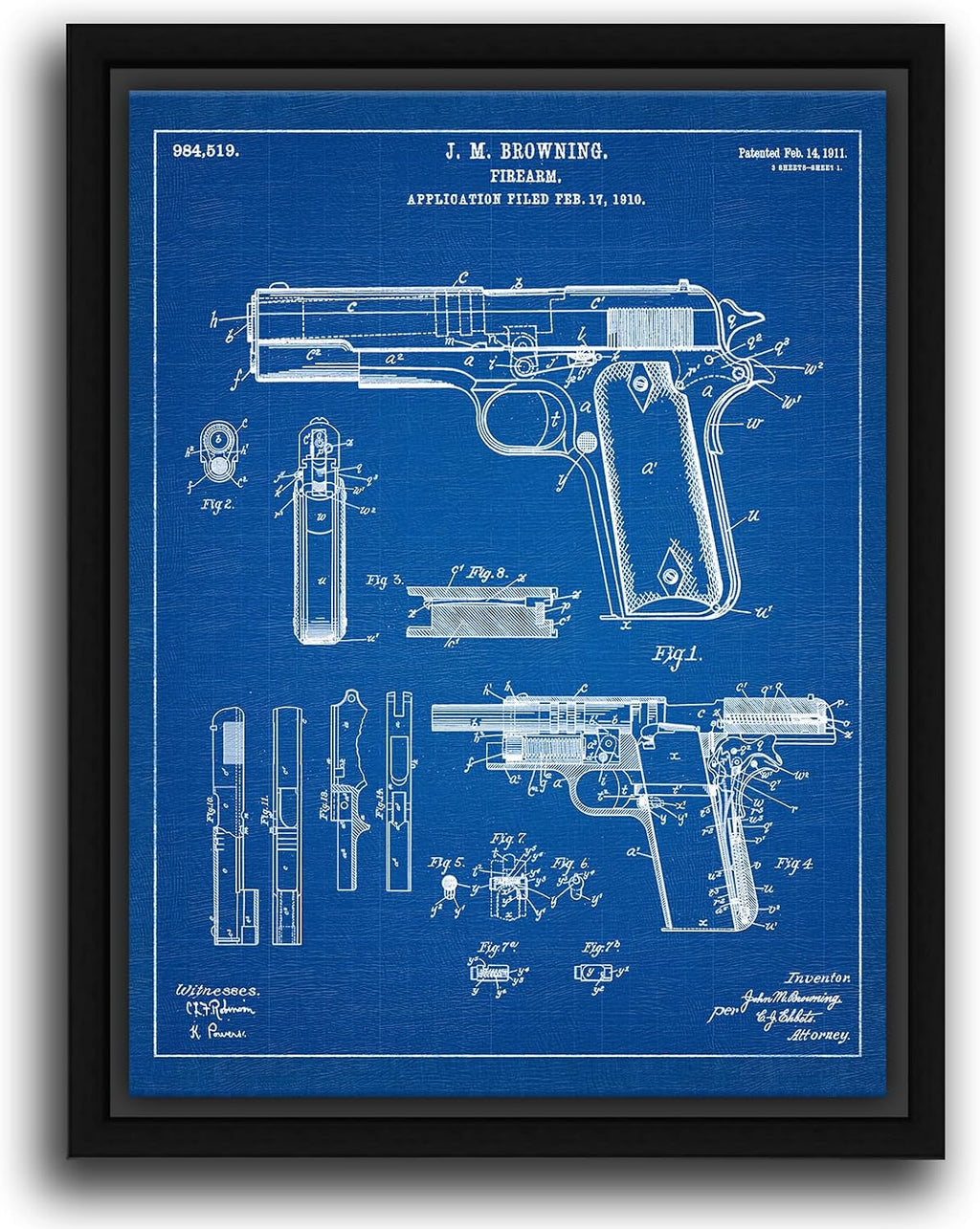 Personal-Prints Firearm Patent Art | Vintage Wall Art, Office, Bedroom Decor | 2nd Amendment & Choice of Unique Gun Art Gifts | USA Made (2 Piece Set, Blueprint, 12'x16' Float Framed Canvas)
