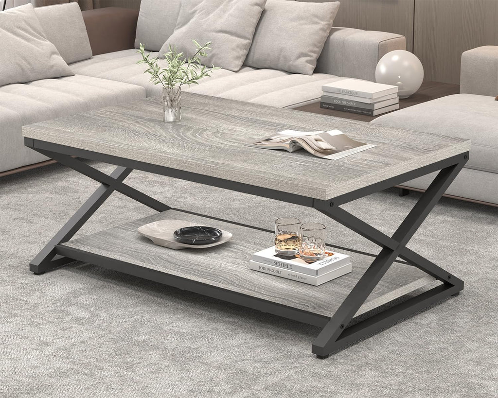 HSH Coffee Table with Storage, Farmhouse Grey Living Room Center Table, Industrial Wood and Metal Rectangle Coffee Tables, Simple Rustic 2 Tie Cocktail Tea Table for Home Office Bedroom, 47 Inch
