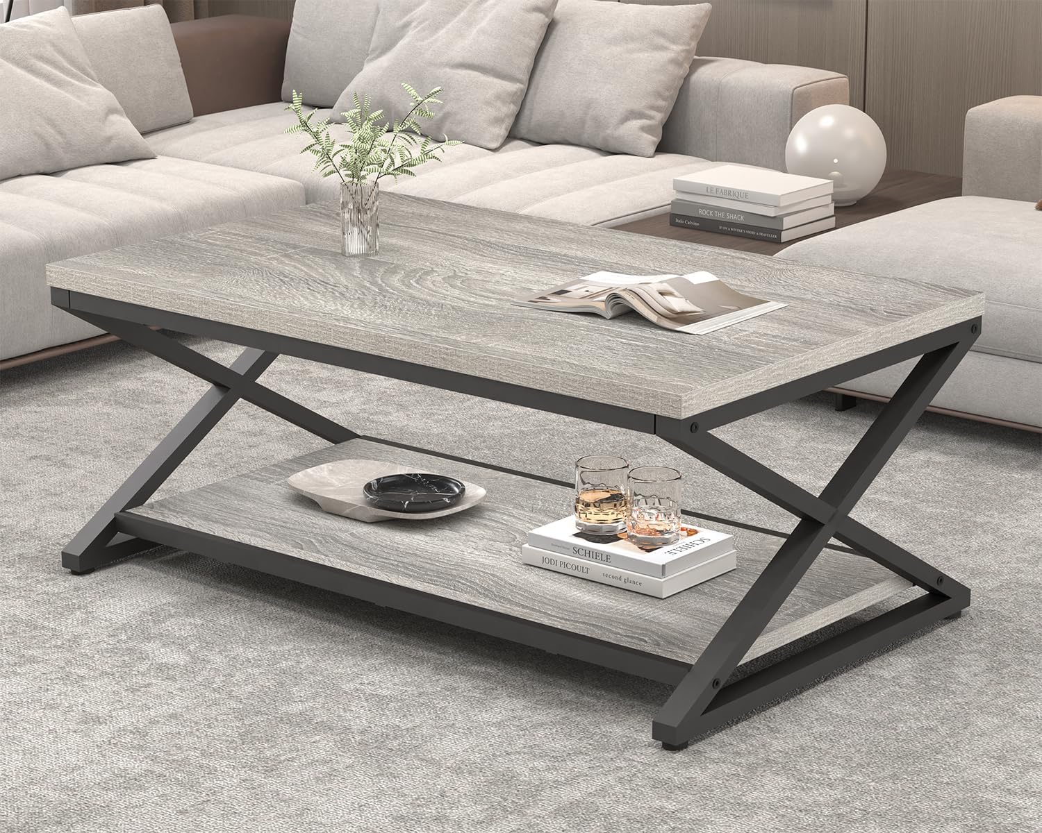 HSH Coffee Table with Storage, Farmhouse Grey Living Room Center Table, Industrial Wood and Metal Rectangle Coffee Tables, Simple Rustic 2 Tie Cocktail Tea Table for Home Office Bedroom, 47 Inch