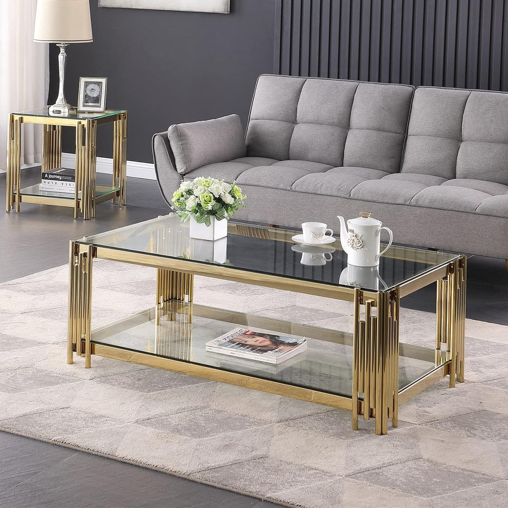 SSLine Clear Glass Coffee Table with Gold Stainless Steel Frame Luxury Rectangle 2-Tier Coffee Table for Living Room Modern Elegant Cocktail Center Table with Storage Shelves for Home Office