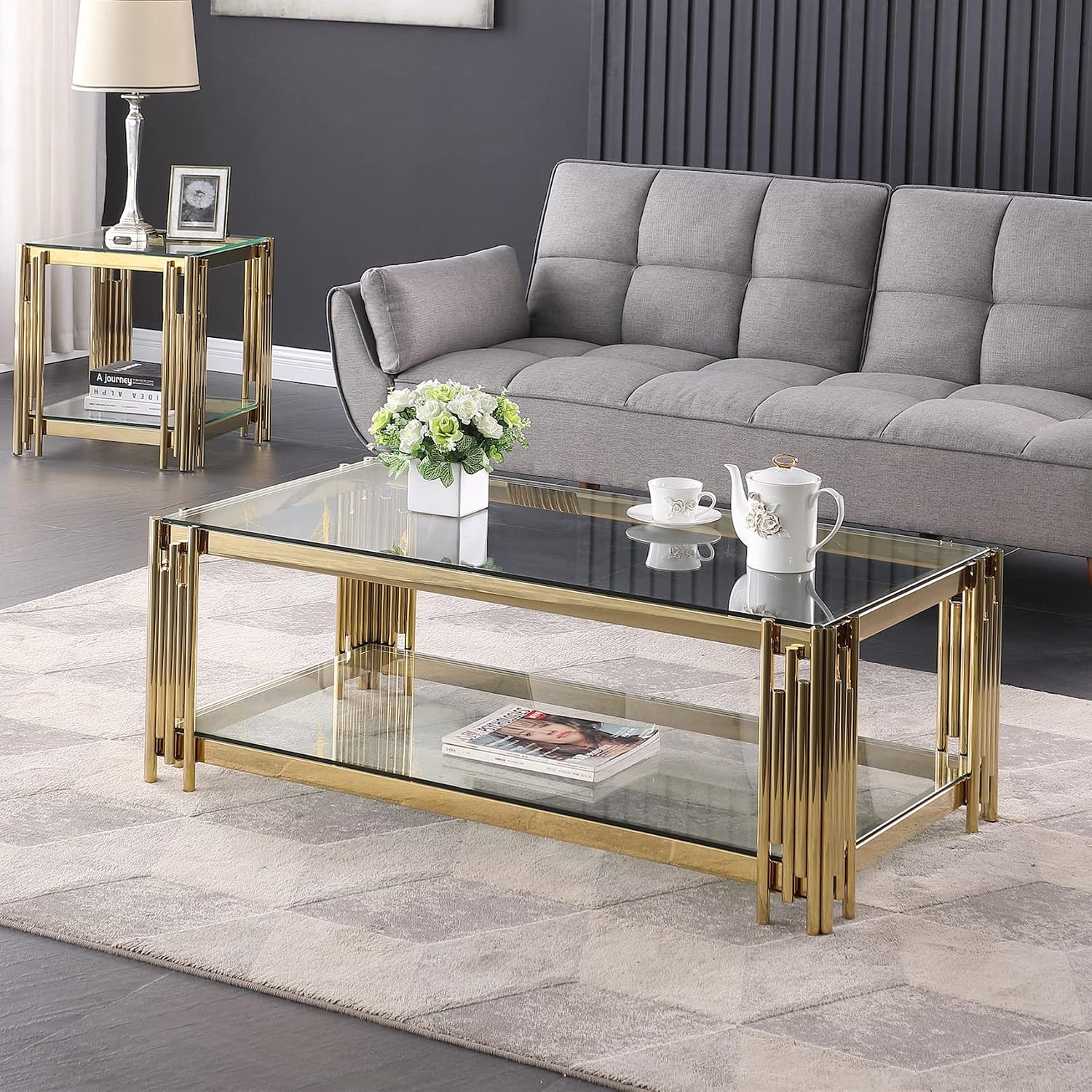 SSLine Clear Glass Coffee Table with Gold Stainless Steel Frame Luxury Rectangle 2-Tier Coffee Table for Living Room Modern Elegant Cocktail Center Table with Storage Shelves for Home Office