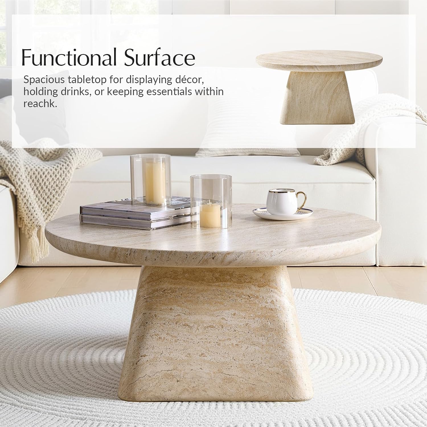 HULALA HOME Modern 31.88' Round Coffee Table with Stone-Look Finish and Sculpted Pedestal Base, Stylish Living Room Center Table(Natural)
