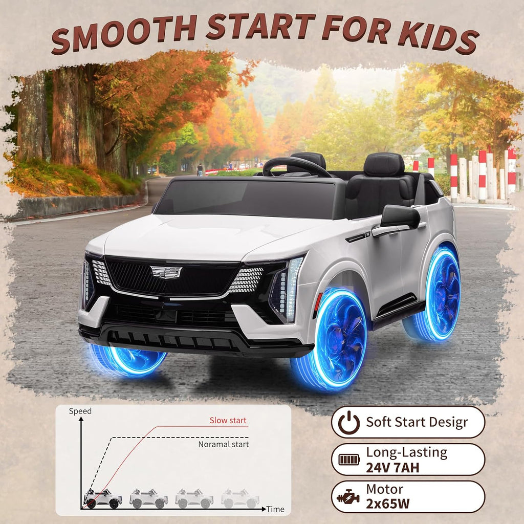 24V Ride On Car, Licensed Cadillac Battery Powered Electric Vehicle w/Remote Control, 2 Seater, 4-Wheel Shock Absorbers, Smooth Start, Music, LED Lights for Boys Girls