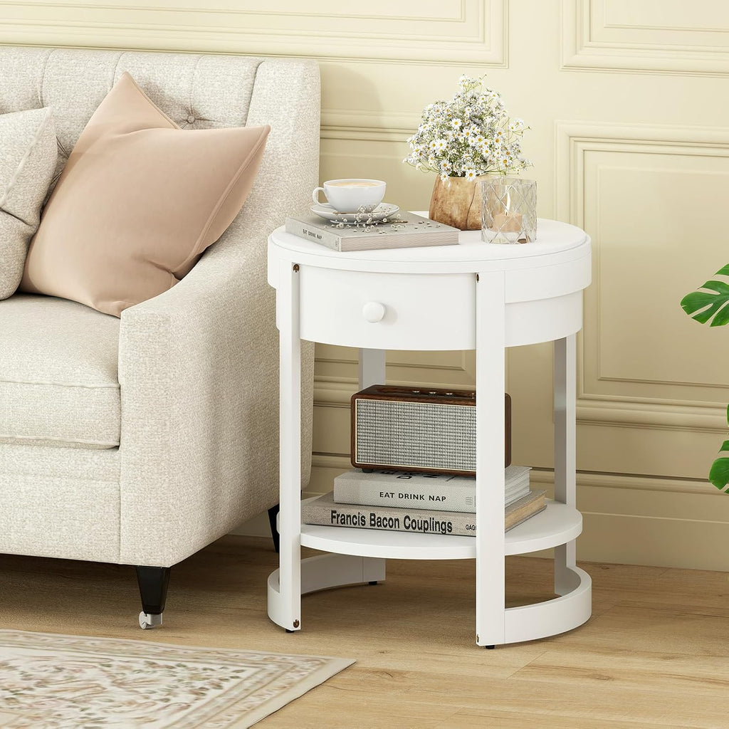 Giantex Round Side Table Set of 2, 2-Tier Wooden End Table with Drawer and Shelf, Vintage Wood Grain Finish, Modern Circle Night Stand for Living Room Bedroom, White