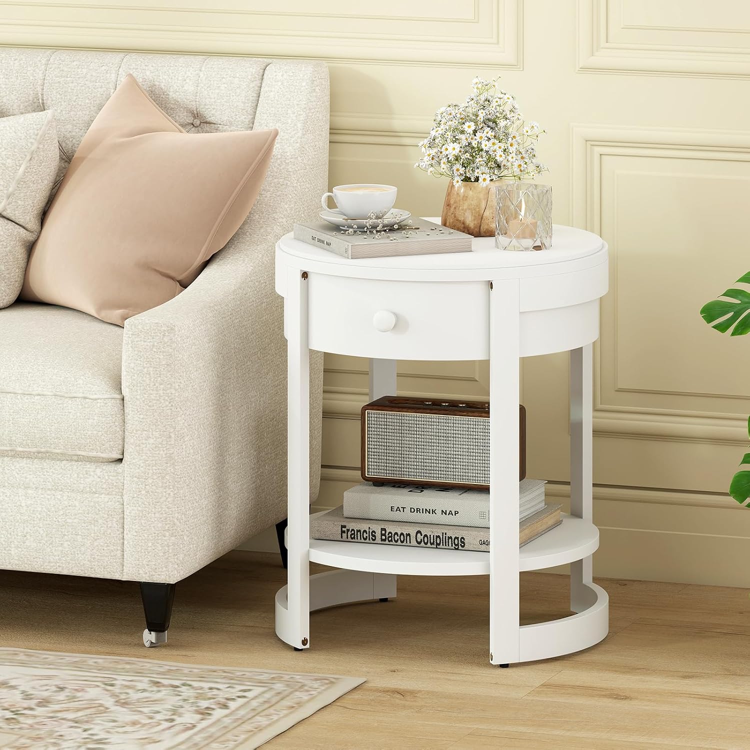 Giantex Round Side Table Set of 2, 2-Tier Wooden End Table with Drawer and Shelf, Vintage Wood Grain Finish, Modern Circle Night Stand for Living Room Bedroom, White