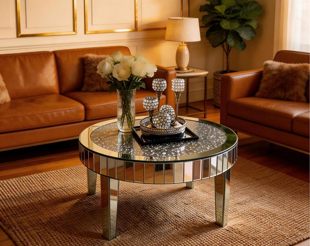 Silver Mirrored Coffee Table: 31.5 inch Round Crystal Glass Mirror Tabletop Crushed Diamond
