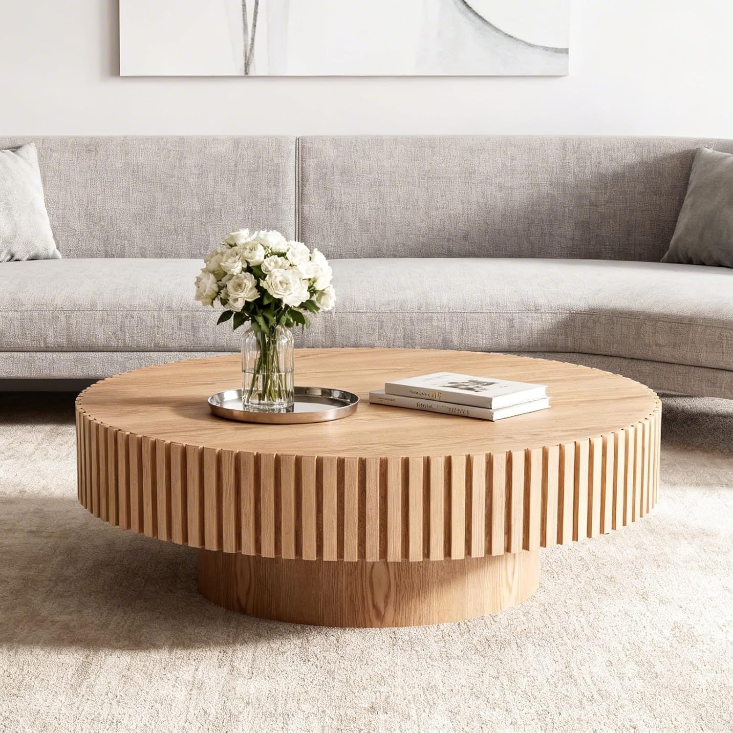31.5' Round Coffee Table for Living Room, Modern Wooden Coffee Table Circle Center Table with Solid Wood Veneered, Easy Assembly, Oak