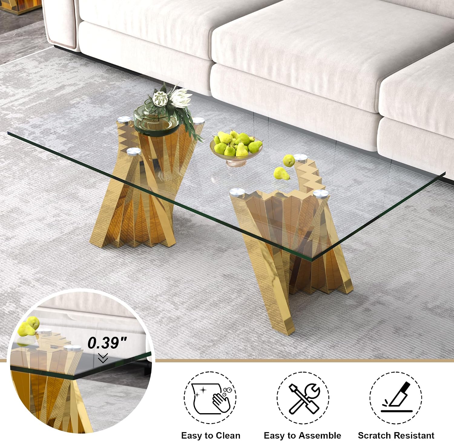 Rectangle Glass Coffee Table and 2 End Table Set of 3, with Tempered Glass Top and Mirrored Stainless Steel Table Legs, Suitable for Living Room Home Office,Gold