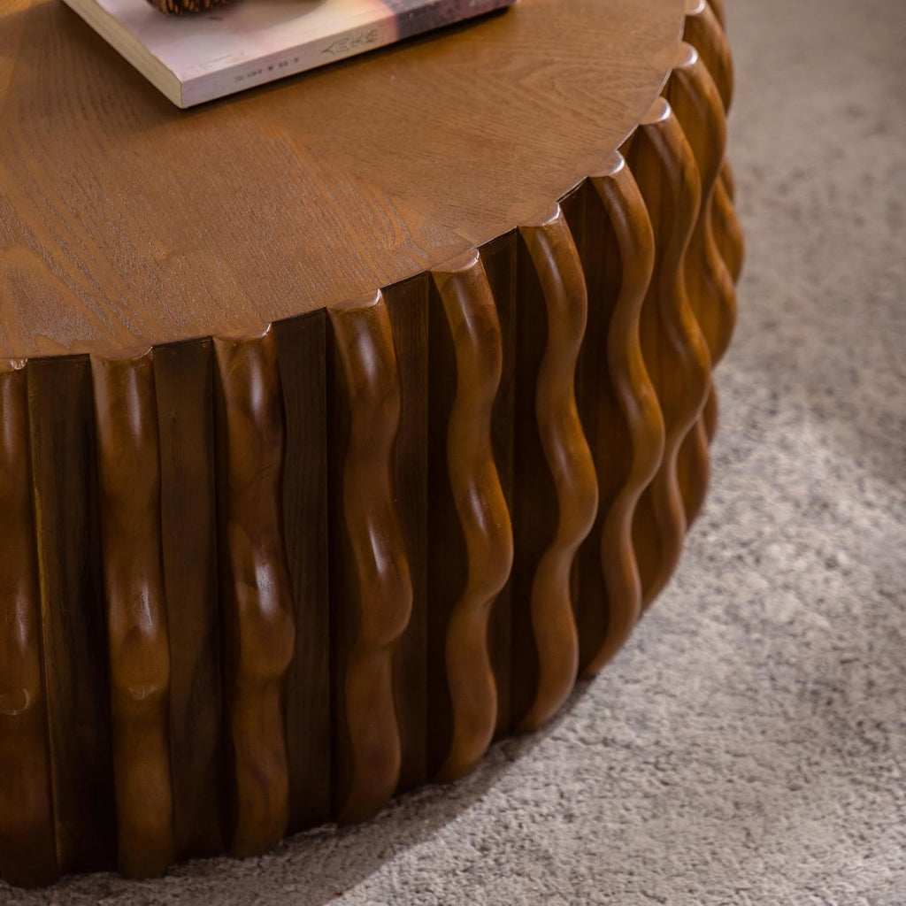 31.5'' Round Drum Coffee Table, Modern Mid-Century Circle Fluted Wood Coffee Table for Living Room, Sturdy Pedestal & No Assembly, Walnut