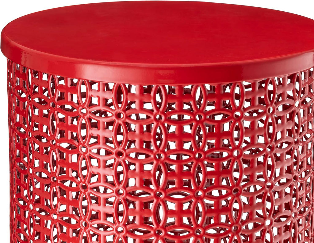 Glitzhome Accent Tables Living Room Set of 2, Round Metal Side End Table, Small Circle Coffee Bedside Table, Planter Stand for Couch Nightstand Bedroom Patio Backyard, Glossy Red
