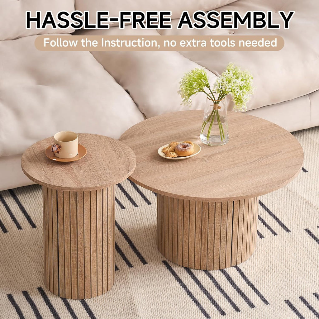 Round Coffee Tables Set of 2, Circle Modern Small Wood Side Table with Fluted Style Drum Base for Living Room Bedroom Balcony Office, Natural