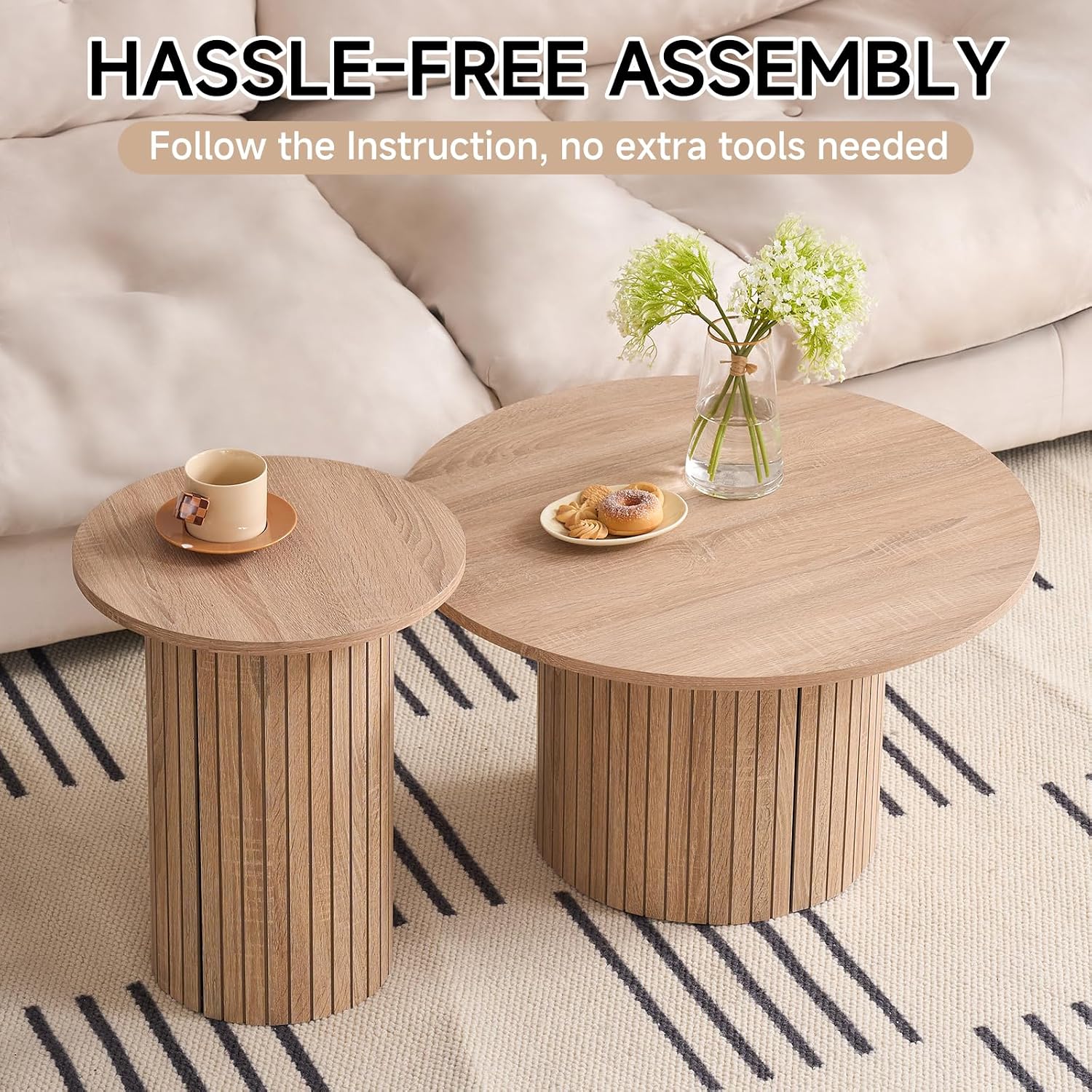 Round Coffee Tables Set of 2, Circle Modern Small Wood Side Table with Fluted Style Drum Base for Living Room Bedroom Balcony Office, Natural